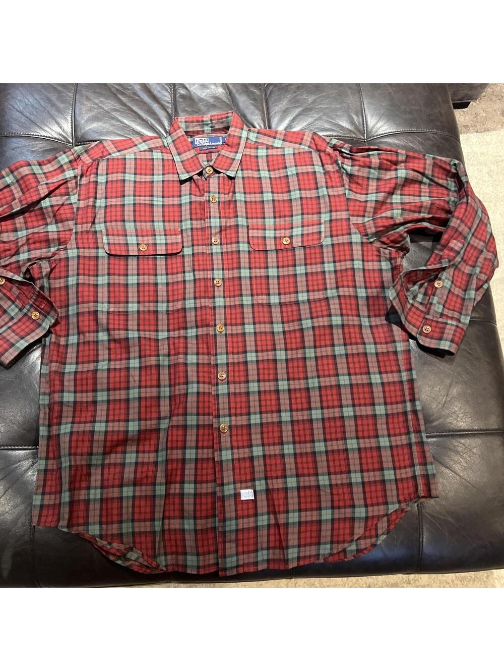 Vtg Polo Ralph Lauren Shirt Mens L Red Green Plaid Long Sleeve Two Pocket